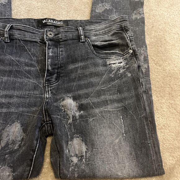 VALABASAS Jeans Men's Button Fly Stretch Skinny Distressed Black Size 38x30 - Picture 3 of 16